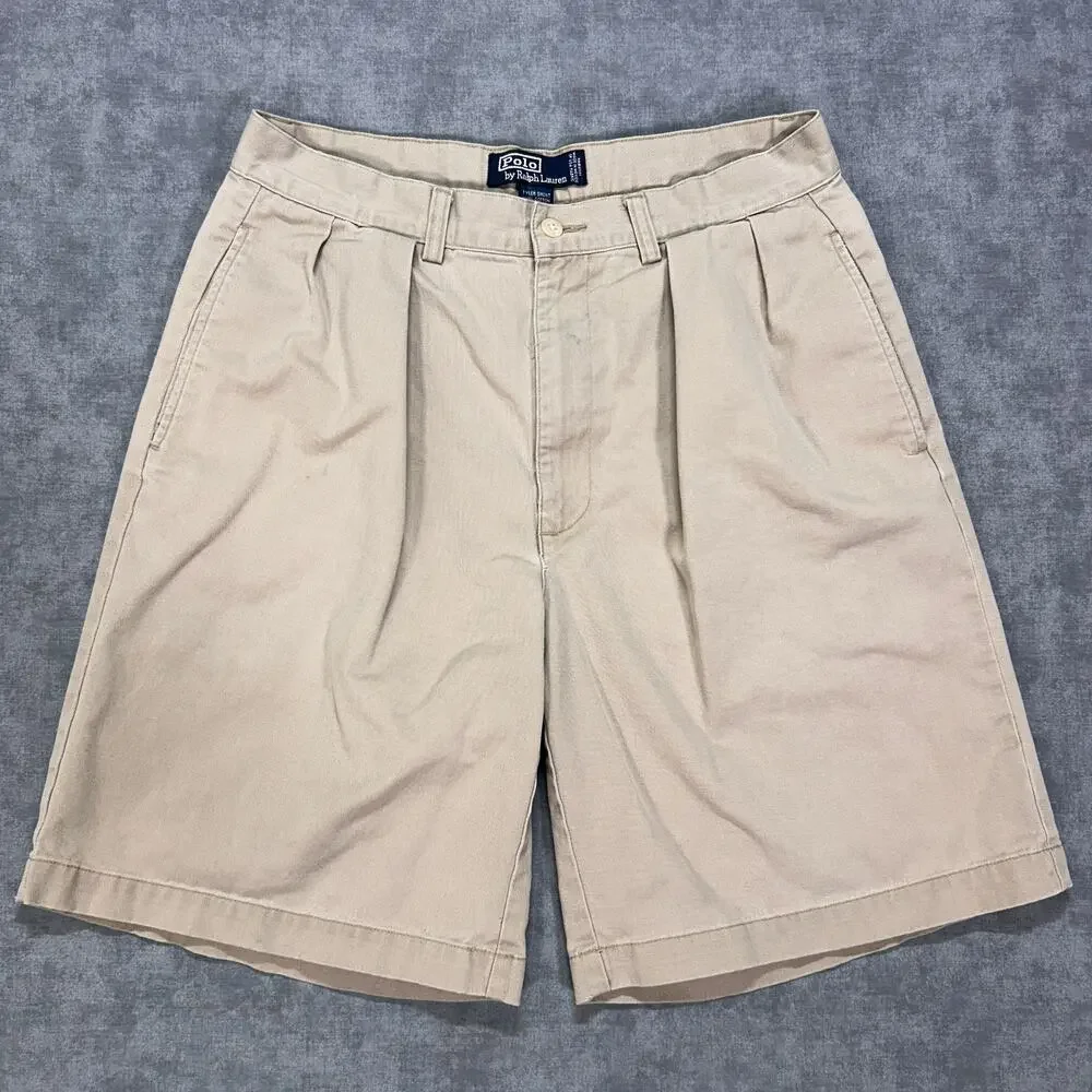 Vintage Polo Ralph Lauren Tyler Shorts Men 32 Khaki Pleated Chino Made in Mexico